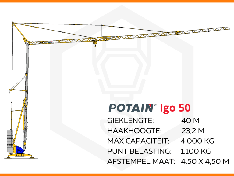 De bouwkraan Potain igo 50 is te huur bij de bouwkraanspecialist