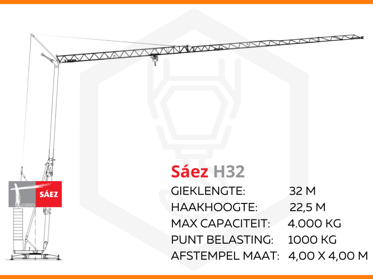 De bouwkraan Sáez H32 is te huur bij de bouwkraanspecialist